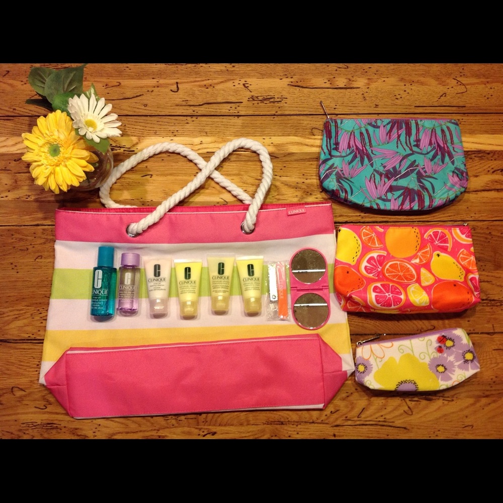 Clinique bags with some facial products.